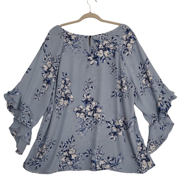 Roz & Ali Floral Flutter Sleeve Blouse Women's Plus Size 2X Blue White Stripe - Picture 4 of 8